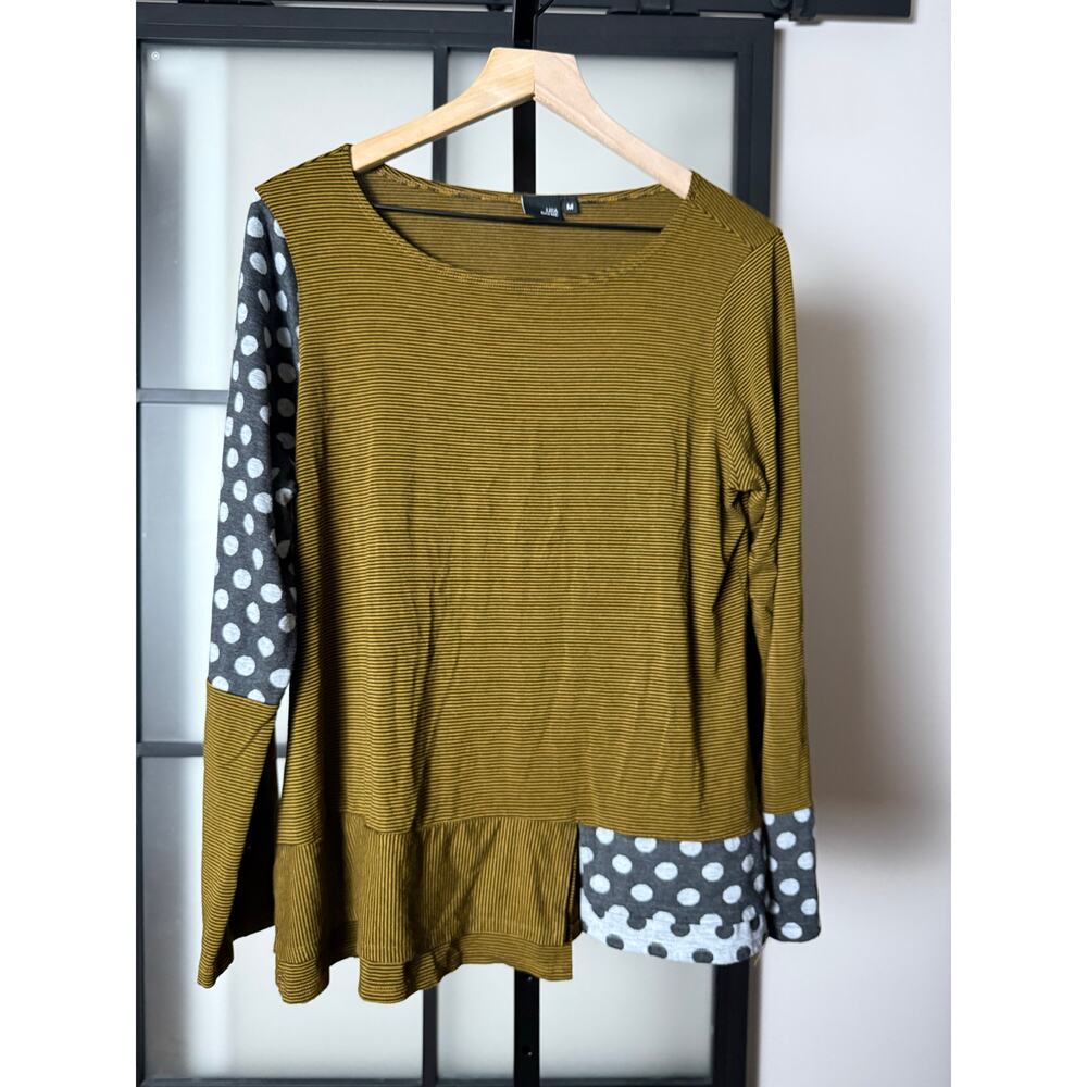 Mixed-Print Long-Sleeve Peplum Blouse in Olive Green by Lisa Bayne